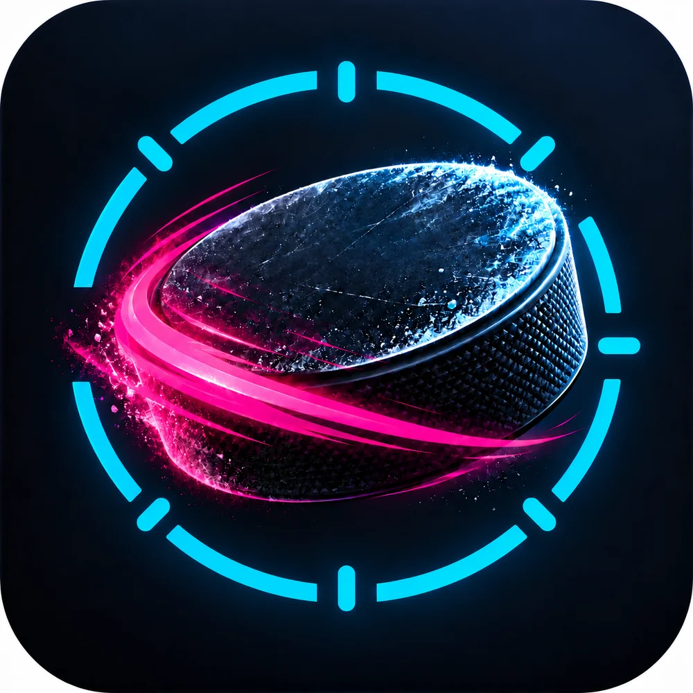 Eishockey-Puck mit Eisstaub und Magenta-Leuchtspur